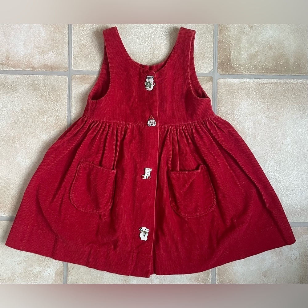 Vintage girls red holiday / Christmas jumper tank style dress, ribbed, corduroy